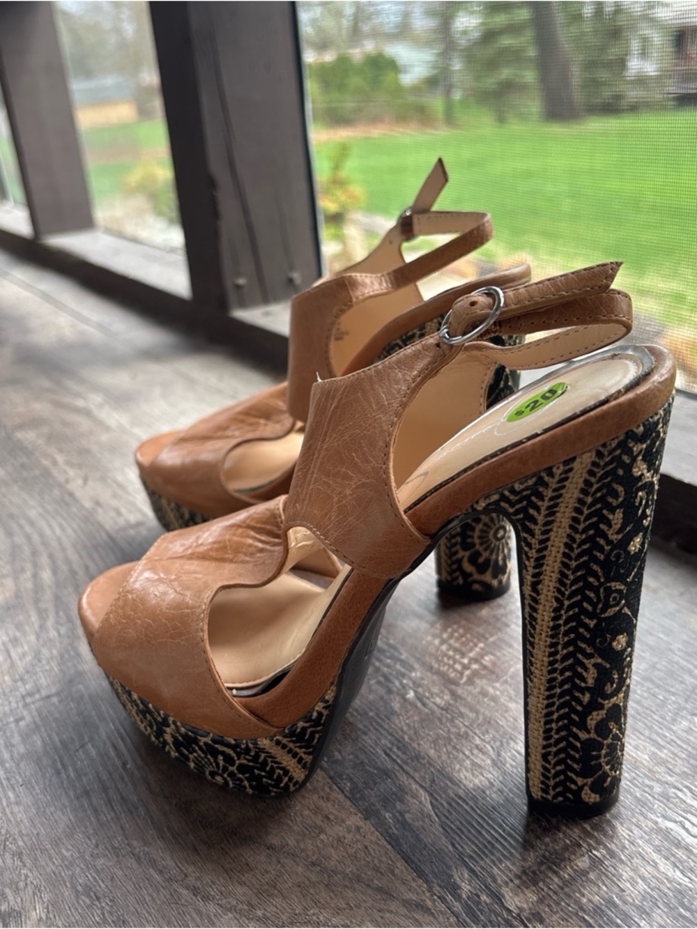 Women's Tan Platform Slingback Heels with Patterned Block Heel